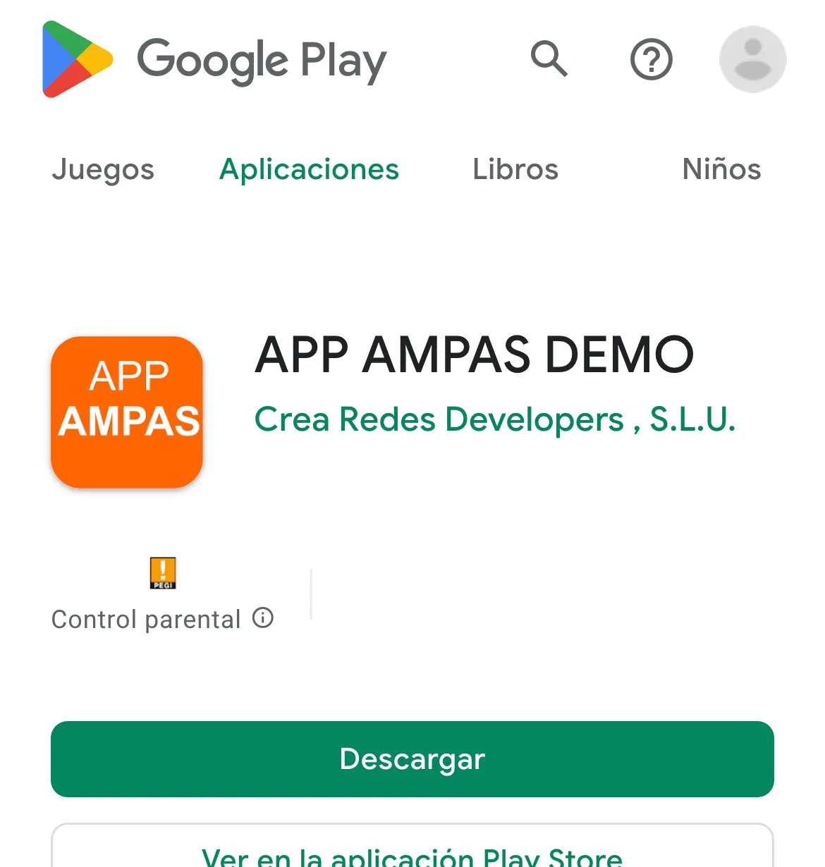 Ficha de la App en Google Play: el icono naranja de la asociación, su nombre como título, «Crea Redes Developers, S.L.U.» como responsable y el botón verde de descargar.
